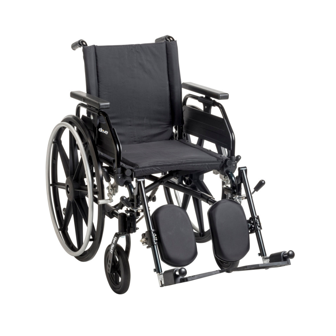 The Drive Viper Plus GT Wheelchair with Universal Armrests and Reclining Backrest is shown in black, featuring a lightweight aluminum frame, large rear wheels, small front wheels, padded armrests, and elevated leg rests.